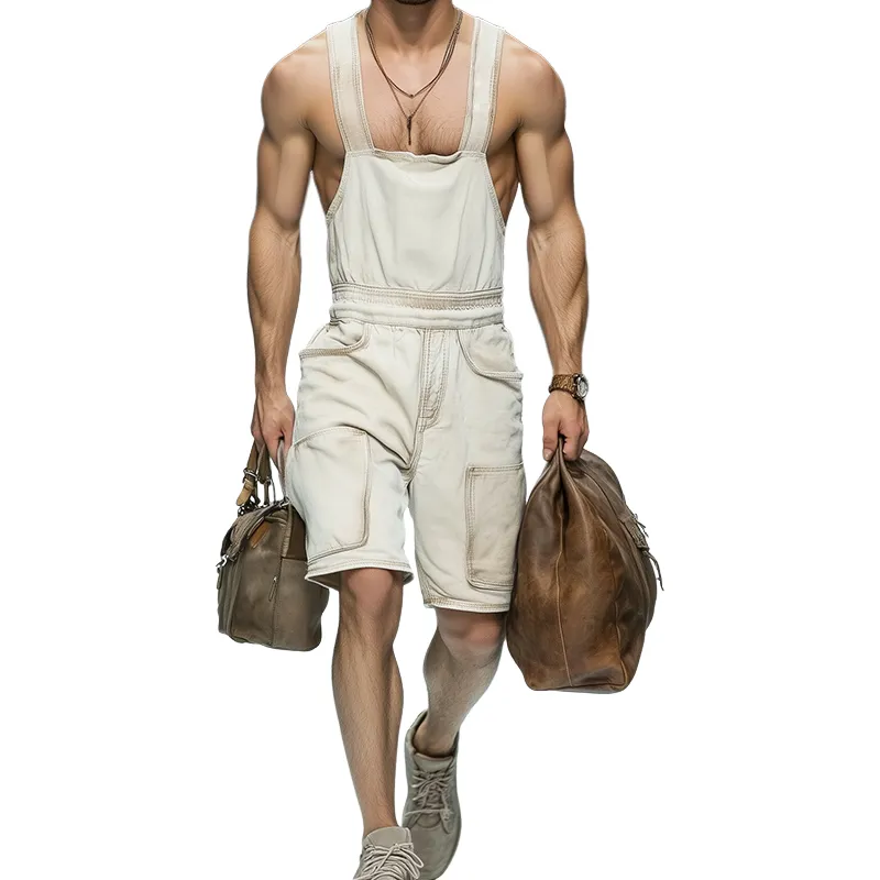 Men's Retro Denim Washed Casual Loose Bib Top Shorts MTA0940E6TO sold by Manly