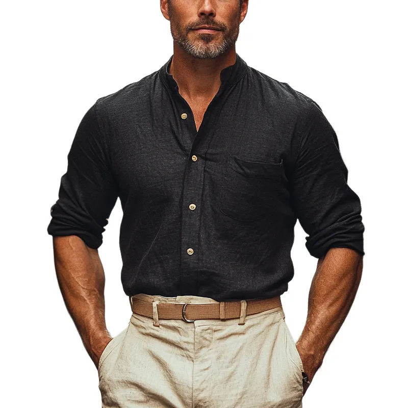 Men's Casual Solid Color Cotton And Linen Stand Collar Shirt MTA1084E3X sold by Manly
