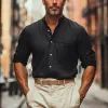 Men's Casual Solid Color Cotton And Linen Stand Collar Shirt MTA1084E3X sold by Manly