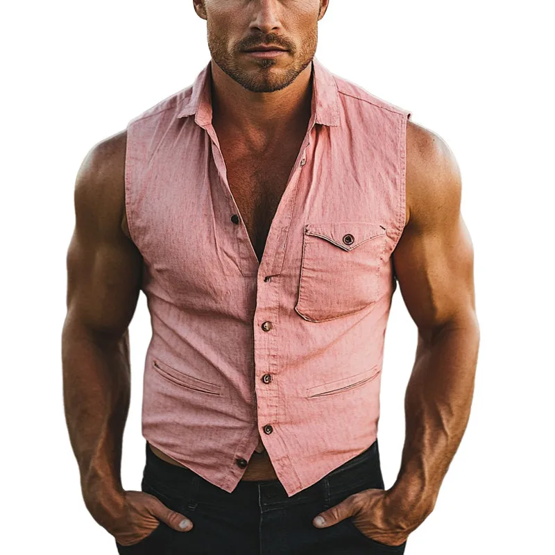 Men's Western Cowboy Style Solid Color Cotton And Linen Lapel Vest MTA1044E5X sold by Manly