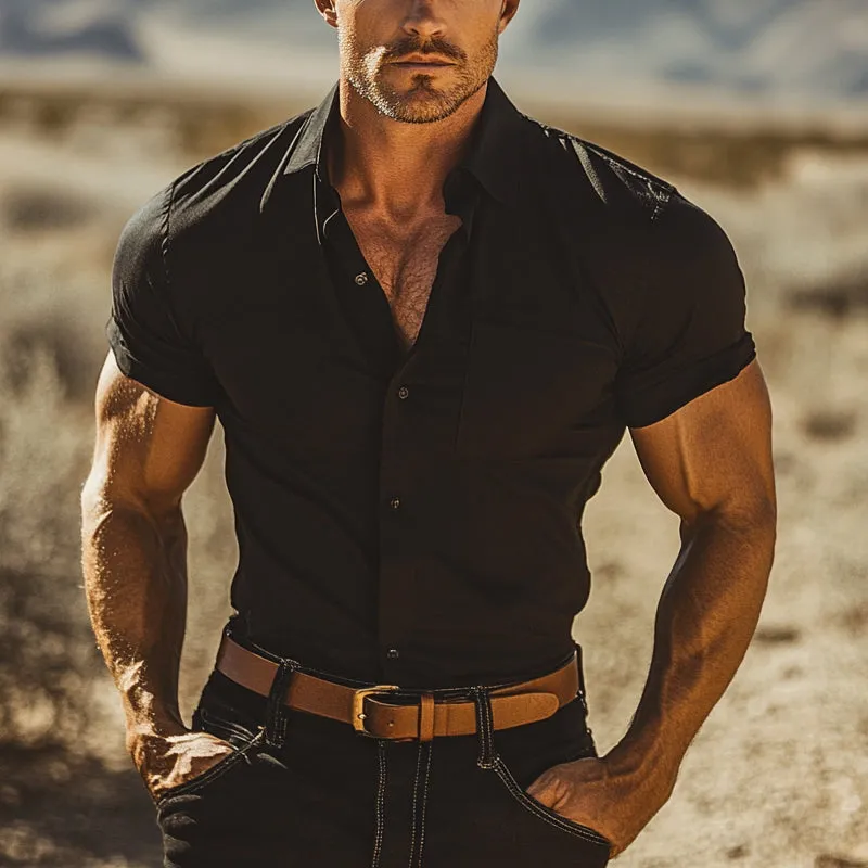 Men's Solid Color Casual Cotton Lapel Short Sleeve Shirt MTA1065E6X sold by Manly product image thumbnail 2