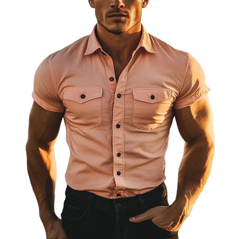 Men's Solid Cotton Short Sleeve Lapel Shirt MTA1069E3X sold by Manly