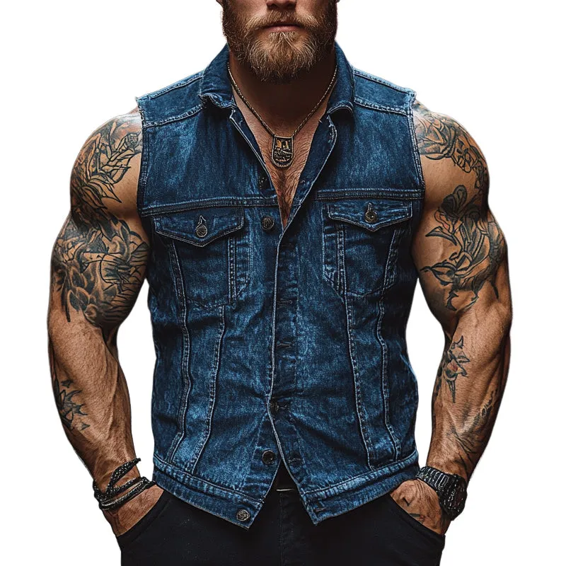 Men'S Vintage Distressed Lapel Single Breasted Denim Vest MTA0870E8X sold by Manly