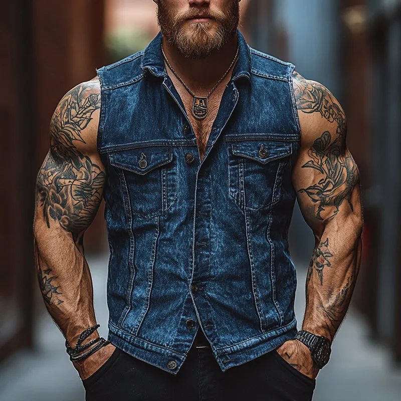 Men'S Vintage Distressed Lapel Single Breasted Denim Vest MTA0870E8X sold by Manly product image thumbnail 2