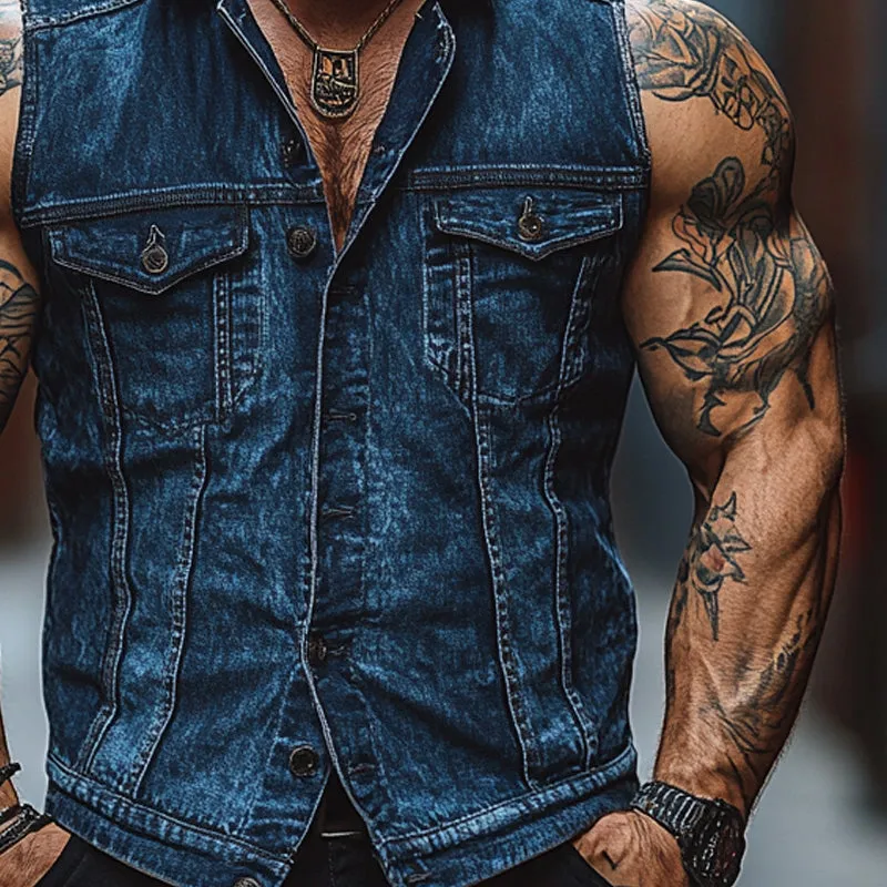 Men'S Vintage Distressed Lapel Single Breasted Denim Vest MTA0870E8X sold by Manly product image thumbnail 3