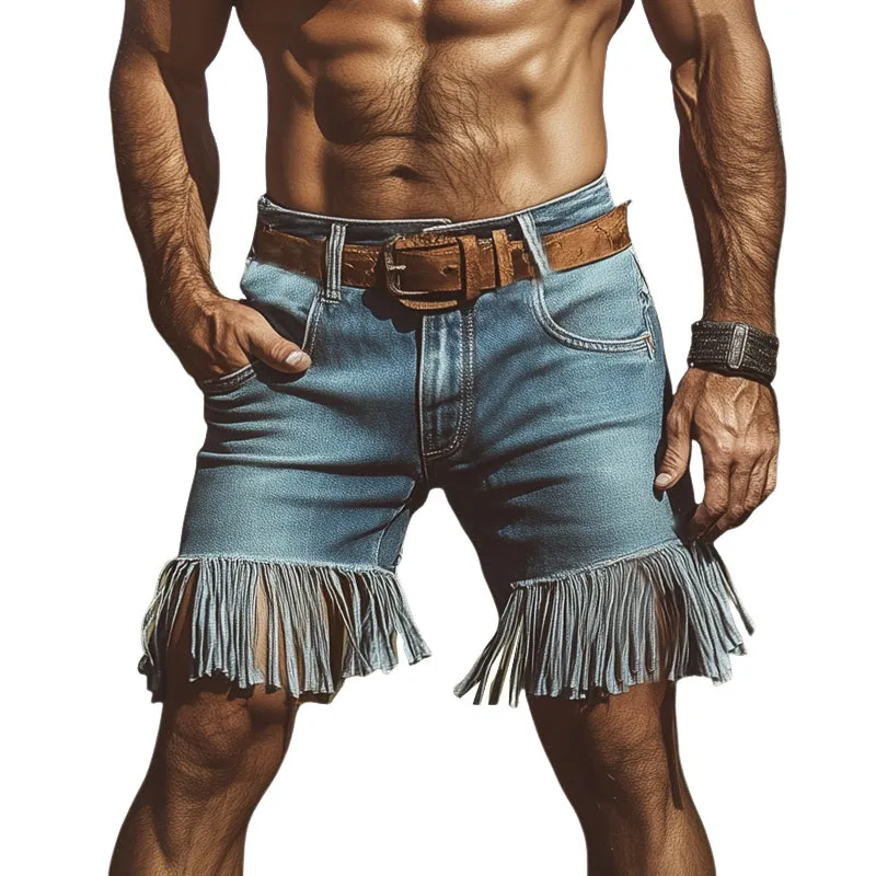 Men'S Western Cowboy Style Vintage Denim Fringe Shorts MTA1029E2U sold by Manly