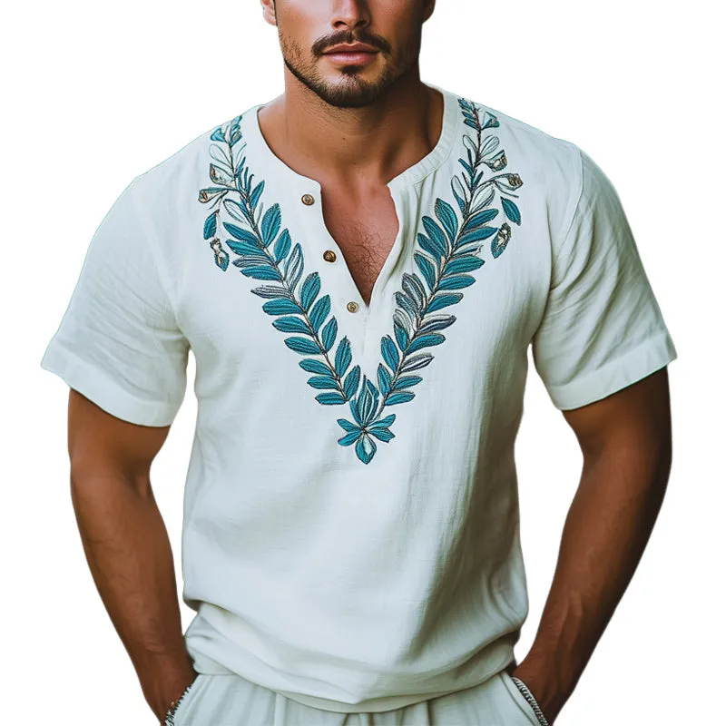 Men'S Summer V-Neck Leaf Embroidery Short Sleeve T-Shirt MTA1002E3U sold by Manly