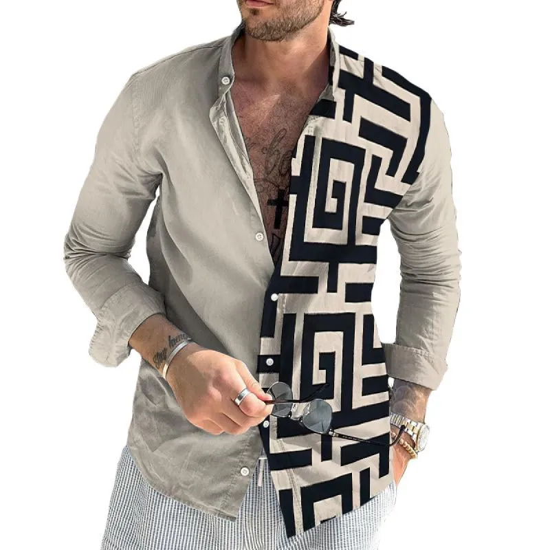 Men's Retro Color Block Pattern Stand Collar Shirt 03767242TO sold by Manly