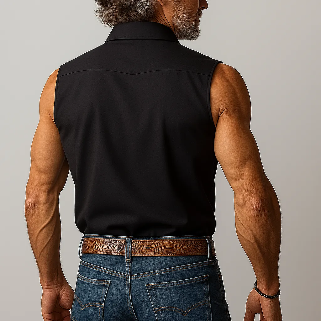 Men's Summer Western Cowboy Style Butterfly Embroidery Patchwork Sleeveless Shirt MTA1493E1P sold by Manly product image thumbnail 3