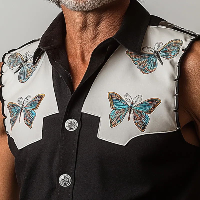 Men's Summer Western Cowboy Style Butterfly Embroidery Patchwork Sleeveless Shirt MTA1493E1P sold by Manly product image thumbnail 4