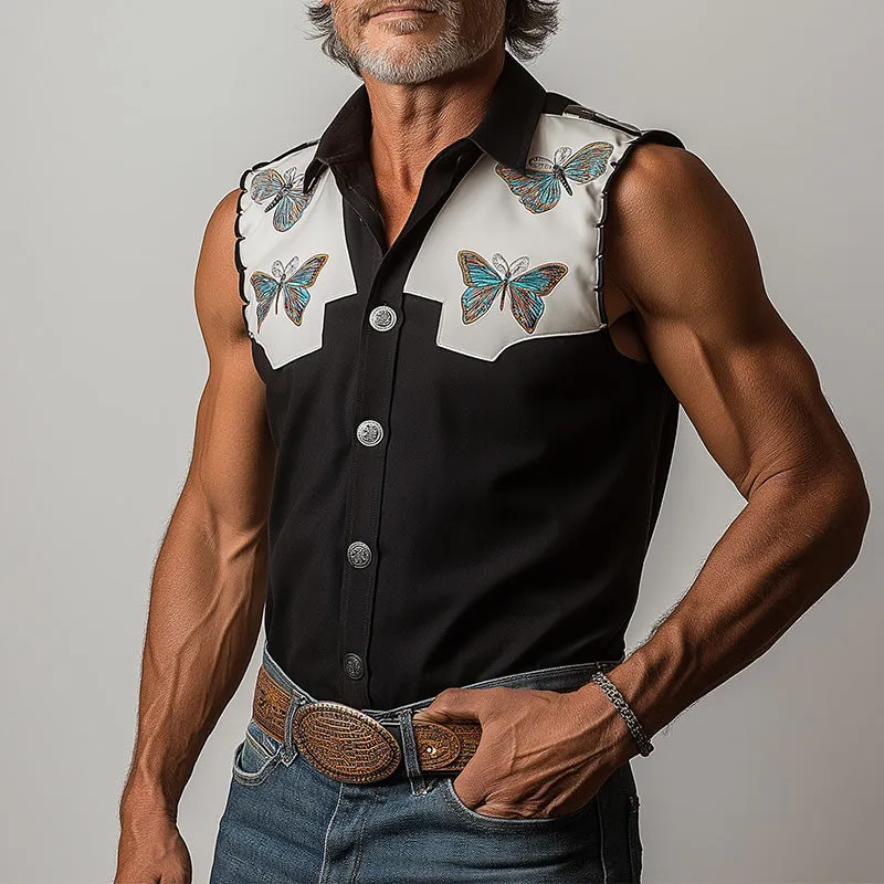 Men's Summer Western Cowboy Style Butterfly Embroidery Patchwork Sleeveless Shirt MTA1493E1P sold by Manly product image thumbnail 2