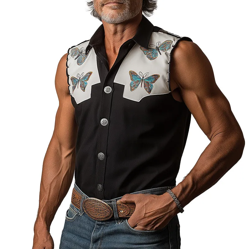 Men's Summer Western Cowboy Style Butterfly Embroidery Patchwork Sleeveless Shirt MTA1493E1P sold by Manly