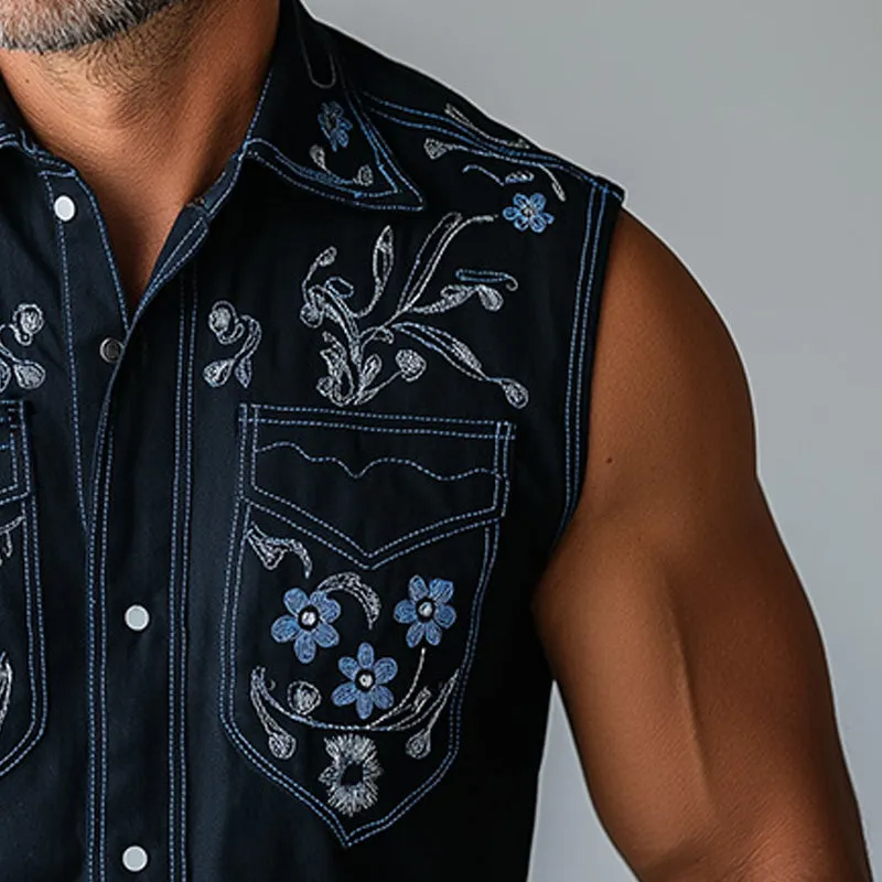 Men's Summer Western Cowboy Style Embroidered Cotton Blended Sleeveless Shirt MTA1480E0P sold by Manly product image thumbnail 5