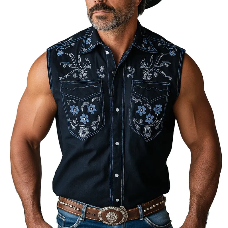 Men's Summer Western Cowboy Style Embroidered Cotton Blended Sleeveless Shirt MTA1480E0P sold by Manly