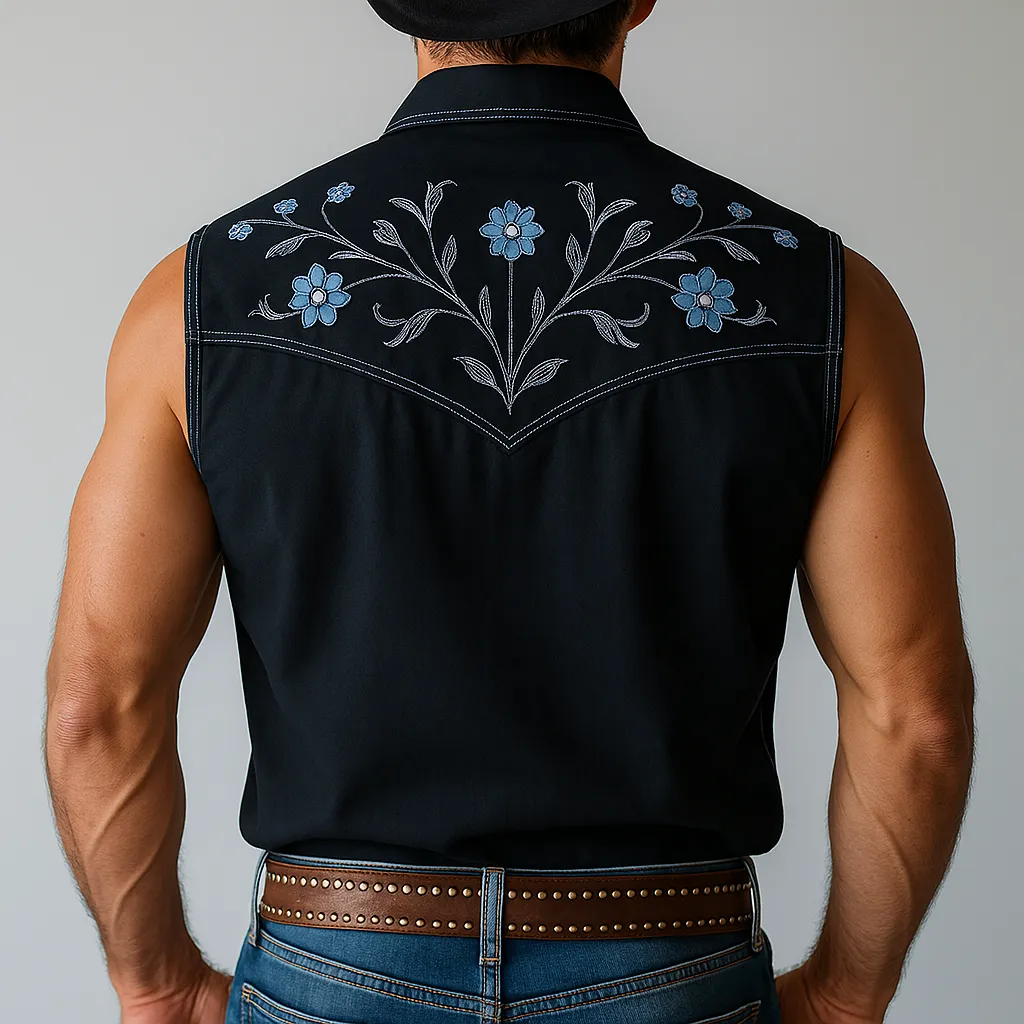 Men's Summer Western Cowboy Style Embroidered Cotton Blended Sleeveless Shirt MTA1480E0P sold by Manly product image thumbnail 3