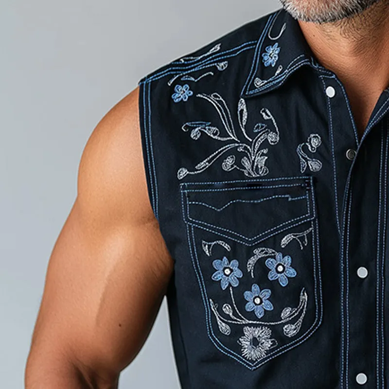Men's Summer Western Cowboy Style Embroidered Cotton Blended Sleeveless Shirt MTA1480E0P sold by Manly product image thumbnail 4