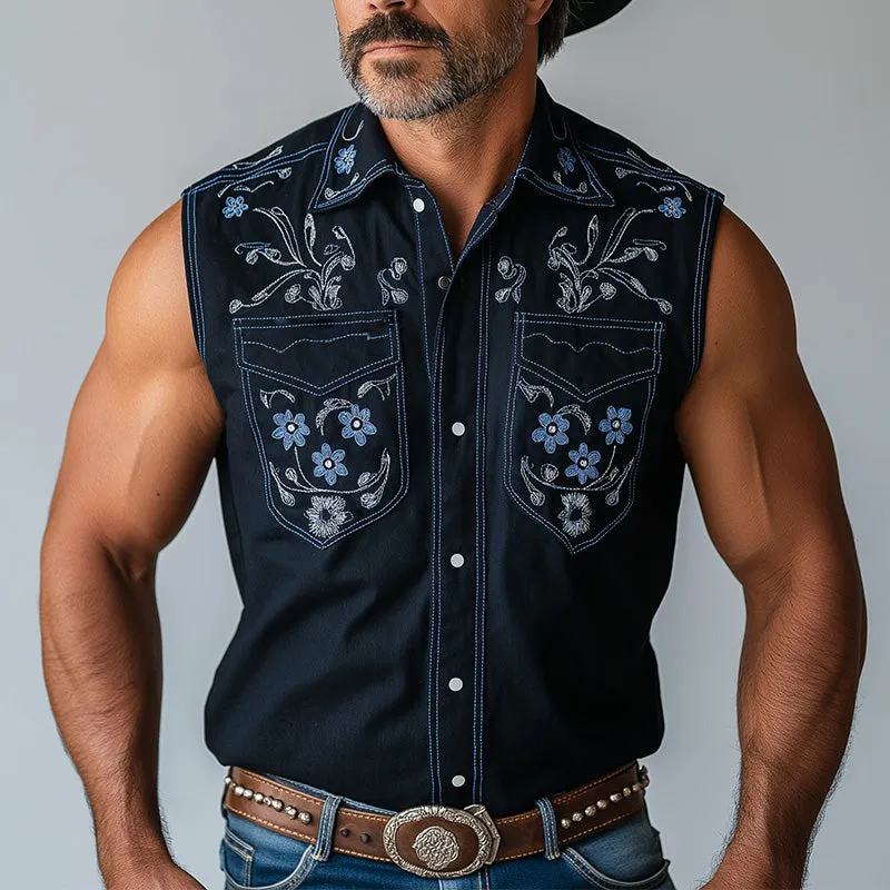 Men's Summer Western Cowboy Style Embroidered Cotton Blended Sleeveless Shirt MTA1480E0P sold by Manly product image thumbnail 2