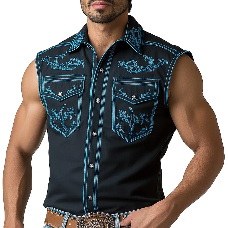 Men's Summer Western Cowboy Style Embroidered Cotton Blended Sleeveless Shirt MTA1404E4P sold by Manly