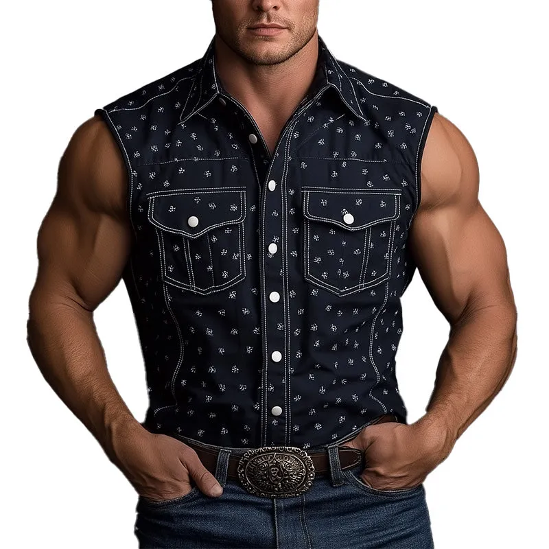 Men's Summer Western Denim Printed Cotton Blended Sleeveless Shirt MTA1442E3P sold by Manly