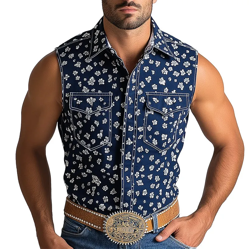 Men's Summer Western Cowboy Style Hot Stamped Sleeveless Denim Shirt MTA1418E2P sold by Manly