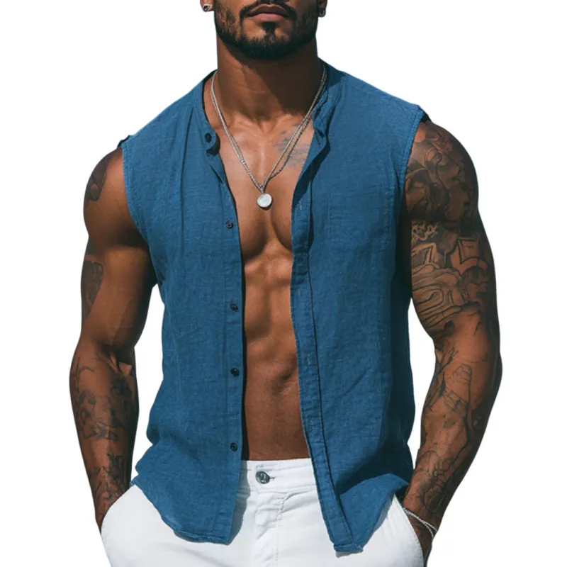 Men's Casual Breathable Cotton Linen Stand Collar Single-Breasted Slim Fit Sleeveless Shirt MTA1358E0M sold by Manly