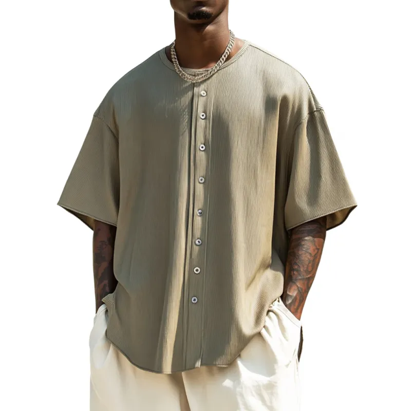 Men's Fashionable Button Decorated Round Neck Loose Short Sleeve Pullover T-Shirt MTA1349E1M sold by Manly