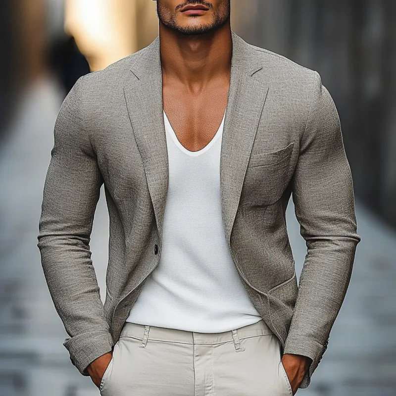 Men's Casual Breathable Linen Notch Lapel Single-breasted Patch Pocket Short Blazer MTA1357E4M sold by Manly product image thumbnail 2