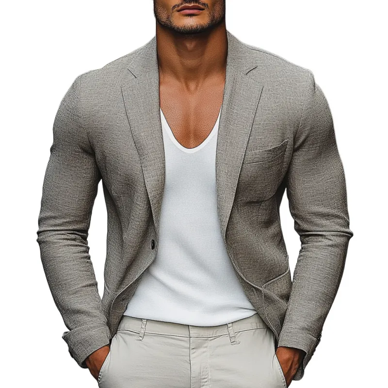Men's Casual Breathable Linen Notch Lapel Single-breasted Patch Pocket Short Blazer MTA1357E4M sold by Manly