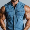 Men's Vintage Washed Distressed Stand Collar Chest Pocket Slim Fit Denim Sleeveless Shirt MTA1377E3M sold by Manly