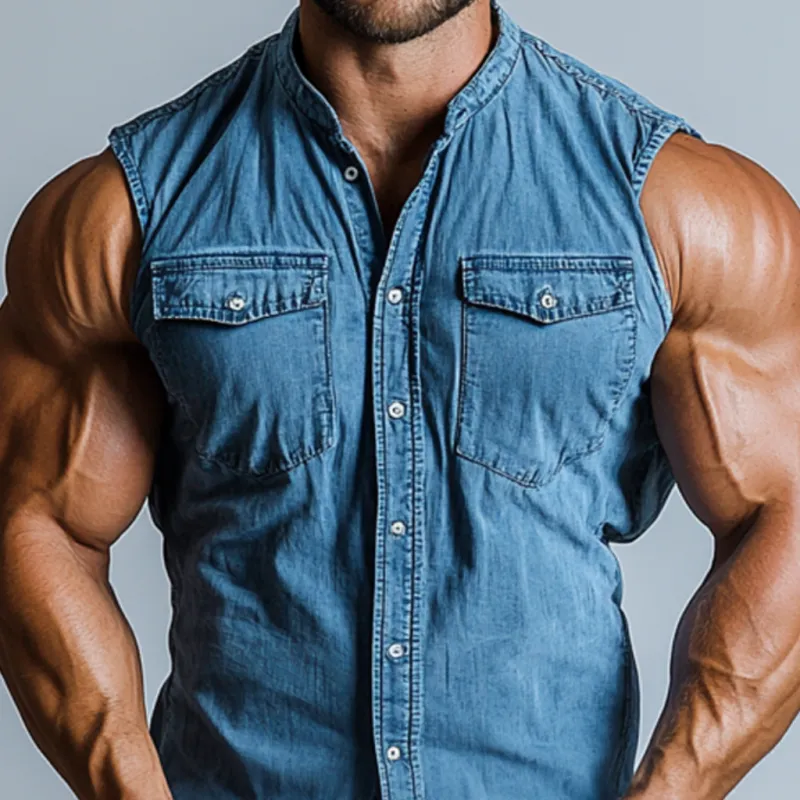 Men's Vintage Washed Distressed Stand Collar Chest Pocket Slim Fit Denim Sleeveless Shirt MTA1377E3M sold by Manly product image thumbnail 3