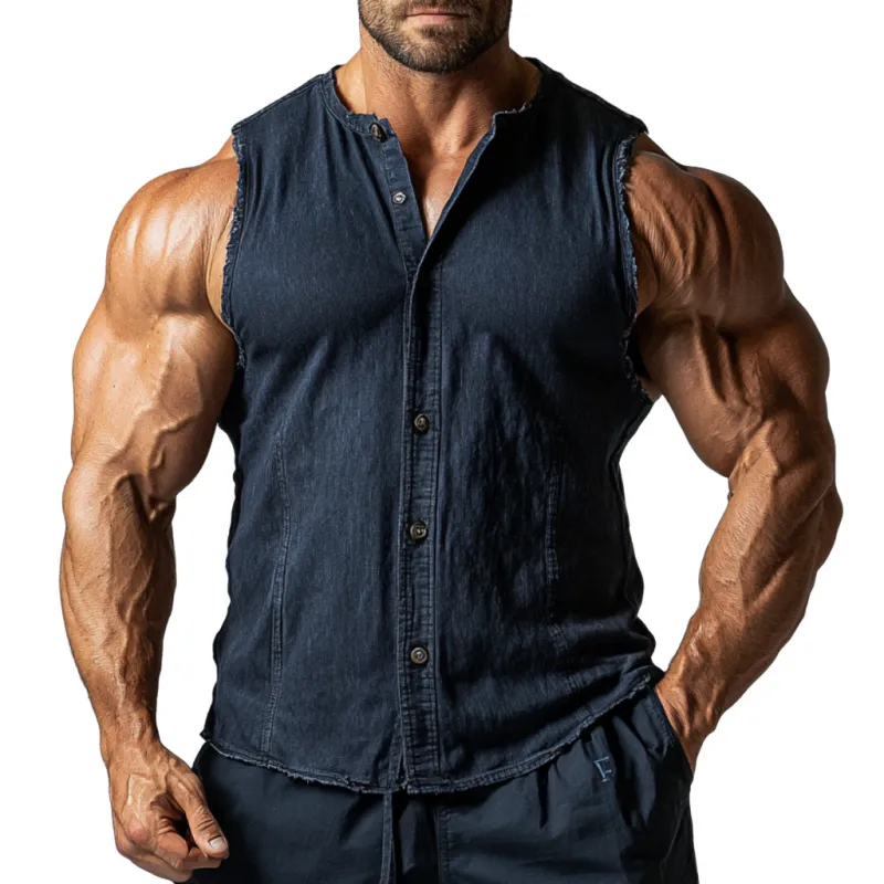 Men's Vintage Washed Distressed Stand Collar Slim Fit Denim Sleeveless Shirt MTA1351E1M sold by Manly