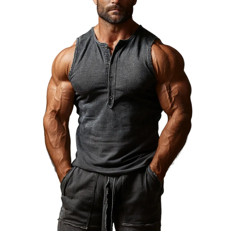 Men's Vintage Washed Distressed Henley Collar Slim Fit Denim Tank Top MTA1388E6M sold by Manly