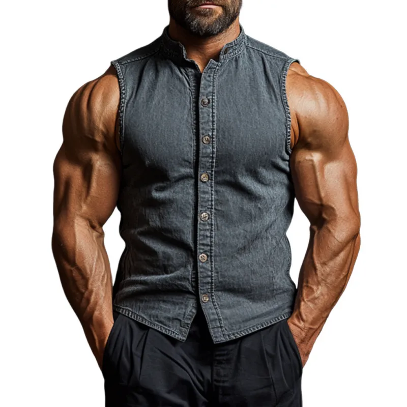 Men's Vintage Washed Distressed Stand Collar Slim Fit Denim Sleeveless Shirt MTA1382E6M sold by Manly