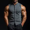 Men's Vintage Washed Distressed Stand Collar Slim Fit Denim Sleeveless Shirt MTA1382E6M sold by Manly
