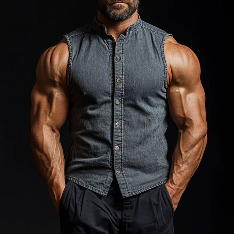 Men's Vintage Washed Distressed Stand Collar Slim Fit Denim Sleeveless Shirt MTA1382E6M sold by Manly product image thumbnail 2