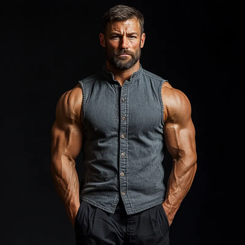 Men's Vintage Washed Distressed Stand Collar Slim Fit Denim Sleeveless Shirt MTA1382E6M sold by Manly product image thumbnail 3