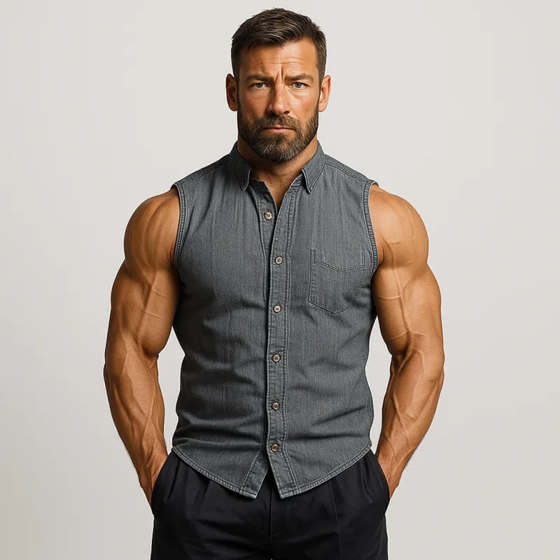 Men's Vintage Washed Distressed Lapel Patch Pocket Slim Fit Denim Sleeveless Shirt MTA1380E0M sold by Manly product image thumbnail 3