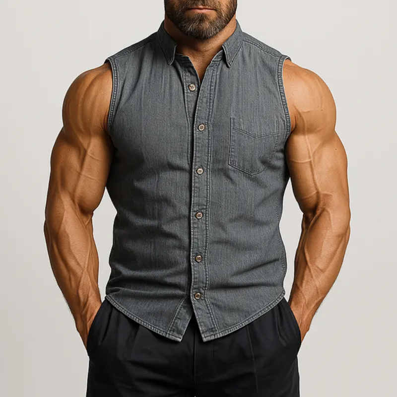 Men's Vintage Washed Distressed Lapel Patch Pocket Slim Fit Denim Sleeveless Shirt MTA1380E0M sold by Manly product image thumbnail 2