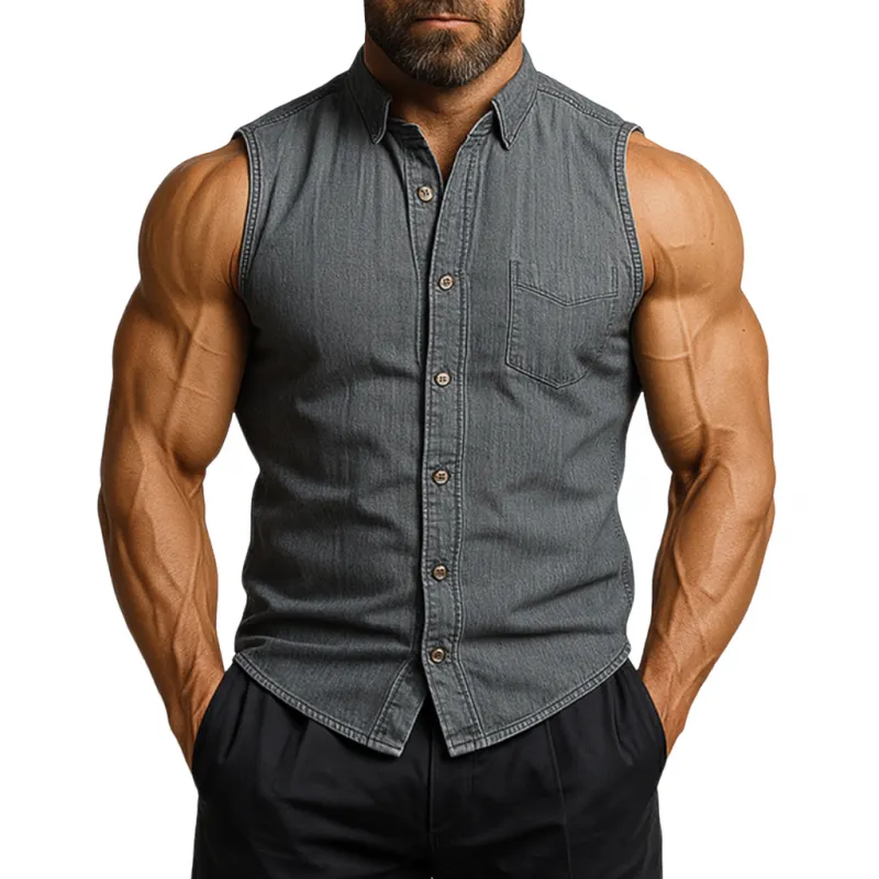 Men's Vintage Washed Distressed Lapel Patch Pocket Slim Fit Denim Sleeveless Shirt MTA1380E0M sold by Manly