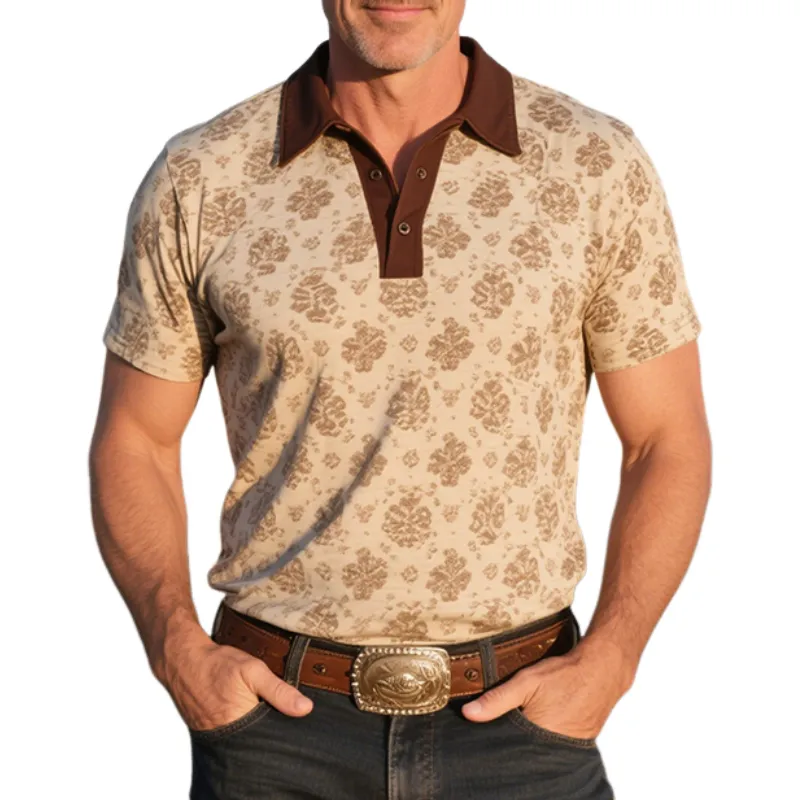 Men's Retro Western Cowboy Style Classic Ranch Print Short Sleeve Polo Shirt MTA1380E7TO sold by Manly