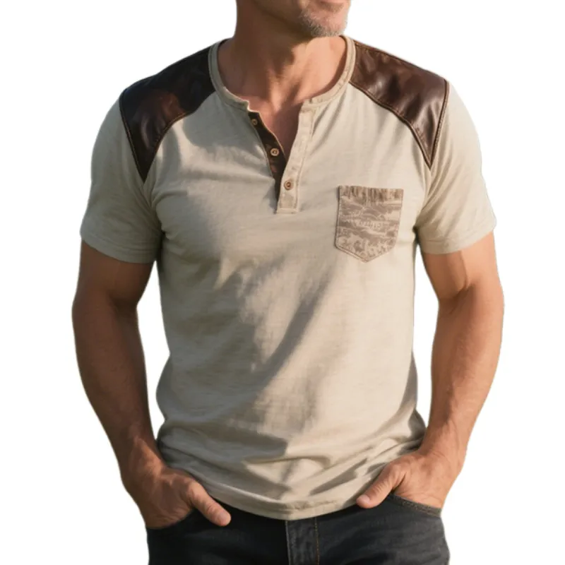 Men's Retro Western Cowboy Style Ranch Classic Leather Splicing Printed Henley Short Sleeve T-Shirt MTA1345E1TO sold by Manly