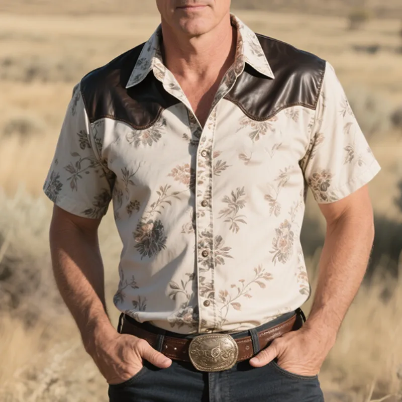 Men's Retro Western Cowboy Style Ranch Classic Leather Splicing Print Lapel Short Sleeve Shirt MTA1371E7TO sold by Manly product image thumbnail 3