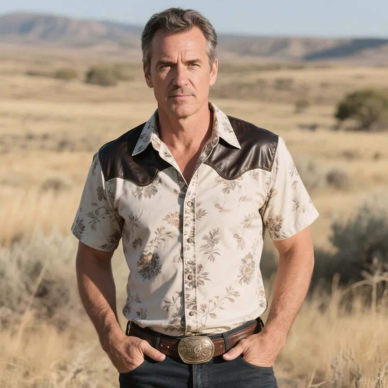 Men's Retro Western Cowboy Style Ranch Classic Leather Splicing Print Lapel Short Sleeve Shirt MTA1371E7TO sold by Manly product image thumbnail 2