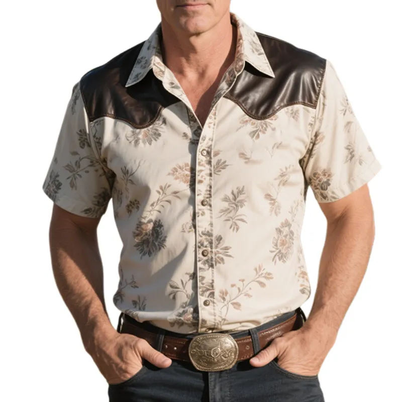 Men's Retro Western Cowboy Style Ranch Classic Leather Splicing Print Lapel Short Sleeve Shirt MTA1371E7TO sold by Manly