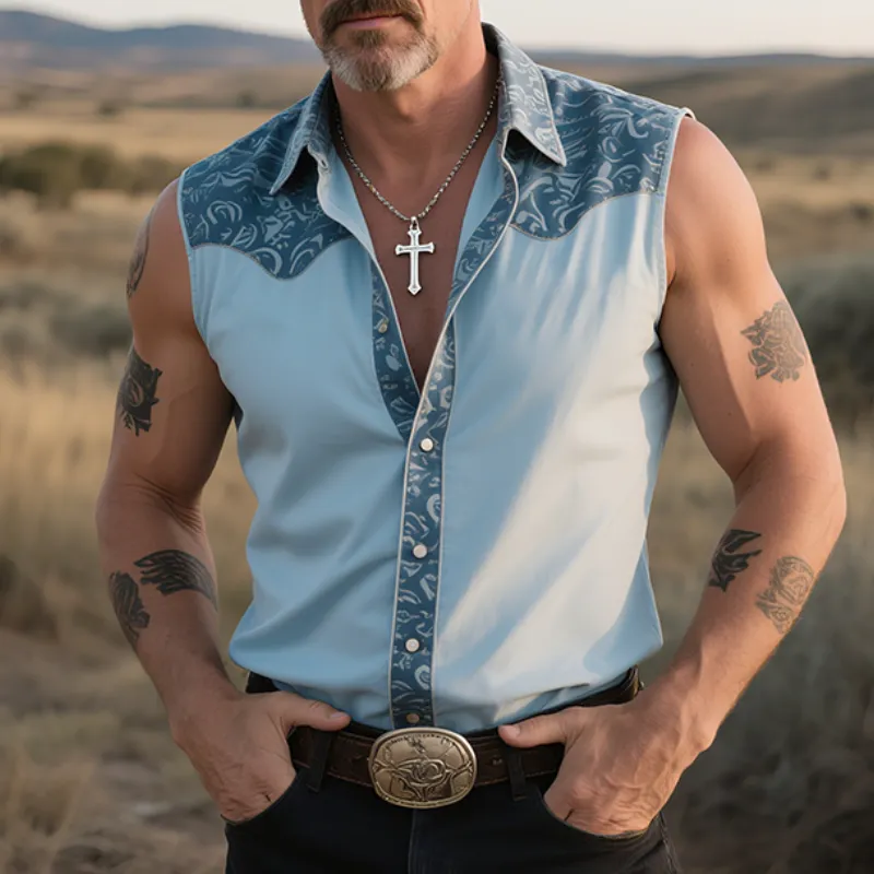 Men's Retro Western Cowboy Style Classic Ranch Print Sleeveless Lapel Shirt MTA1362E3TO sold by Manly product image thumbnail 3