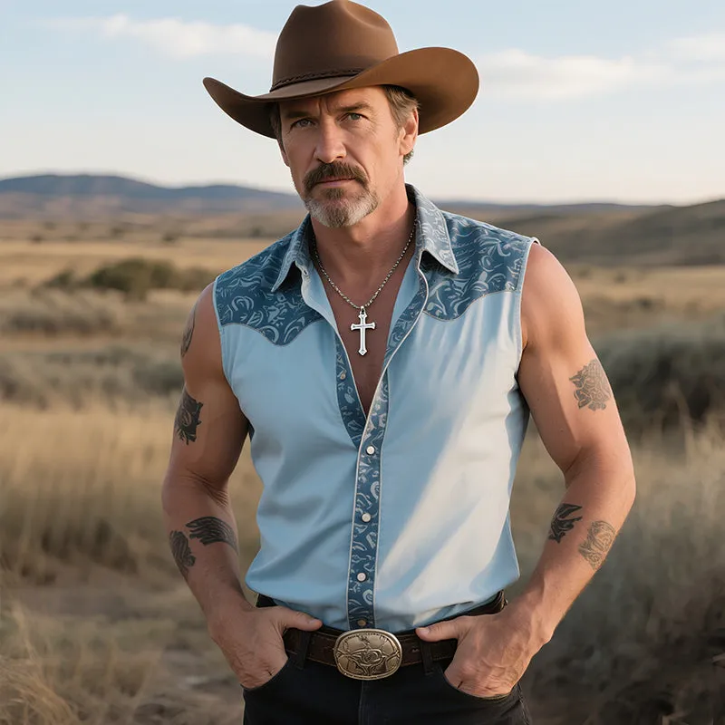 Men's Retro Western Cowboy Style Classic Ranch Print Sleeveless Lapel Shirt MTA1362E3TO sold by Manly product image thumbnail 2