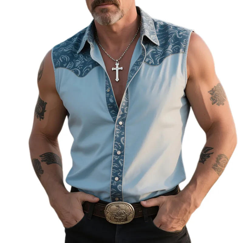 Men's Retro Western Cowboy Style Classic Ranch Print Sleeveless Lapel Shirt MTA1362E3TO sold by Manly