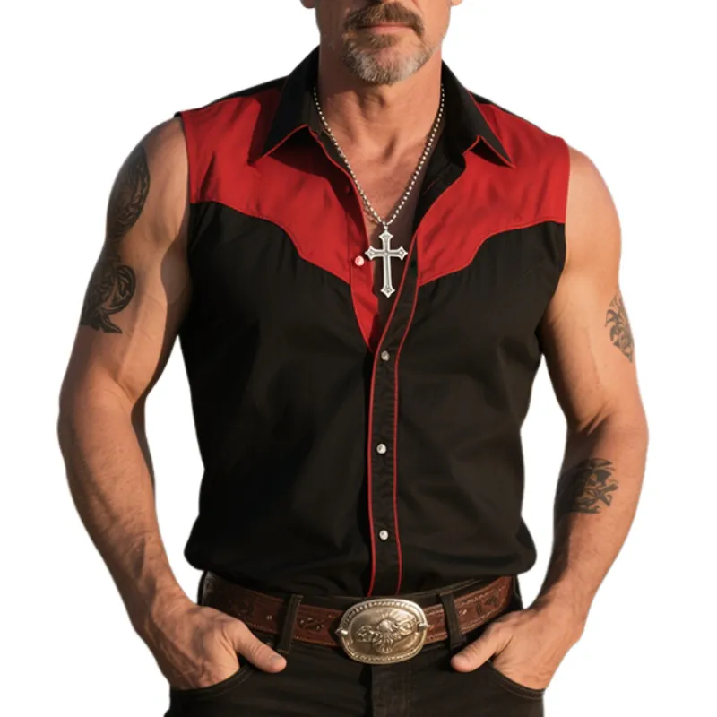 Men's Retro Western Cowboy Style Classic Ranch Colorblock Lapel Sleeveless Shirt MTA1328E9TO sold by Manly