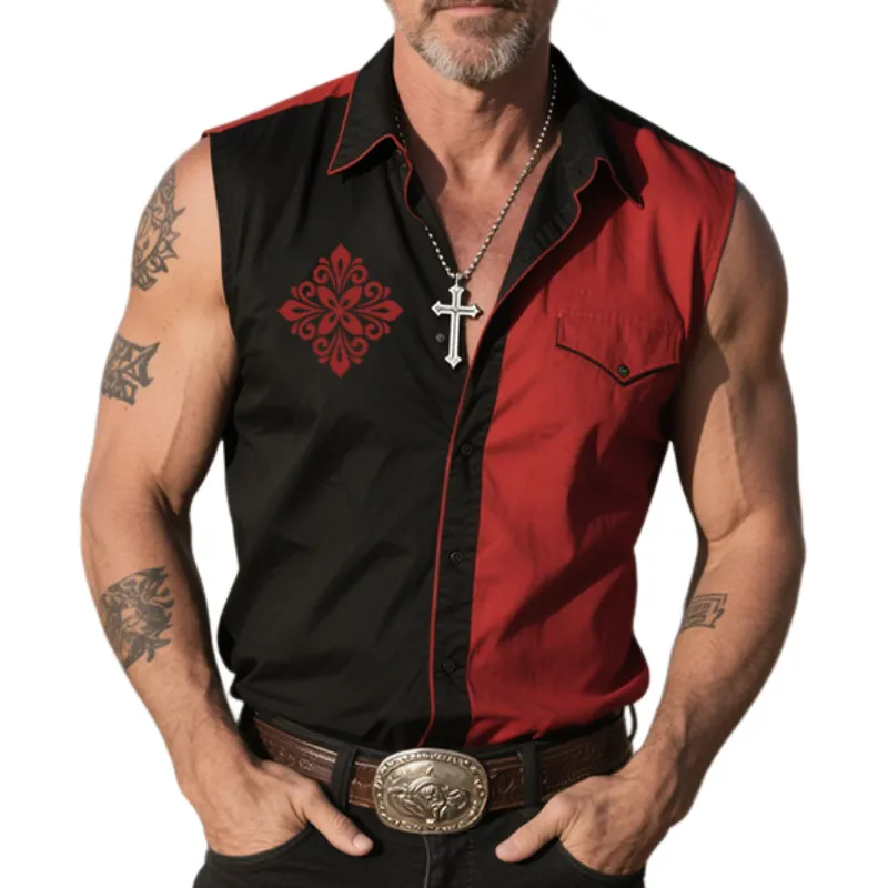 Men's Retro Western Cowboy Style Classic Ranch Colorblock Lapel Sleeveless Shirt MTA1386E2TO sold by Manly