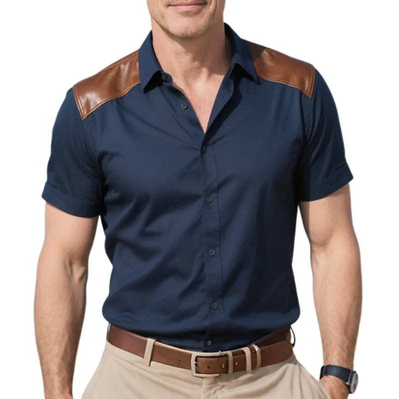 Men's Retro Casual Classic Solid Color Leather Splicing Lapel Short Sleeve Shirt MTA1359E0TO sold by Manly